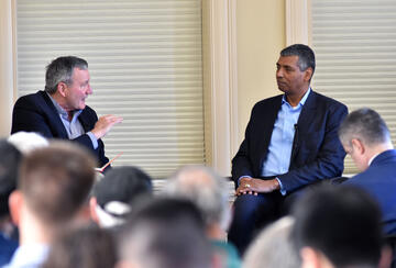 U.S.-Asia Security Initiative Director Karl Eikenberry, left, questions General Vincent Brooks during 2019 Koret Workshop