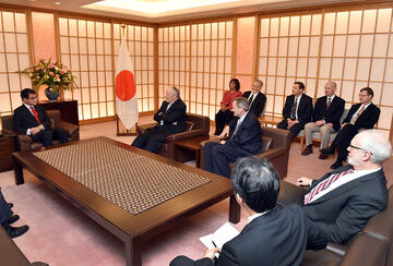 Japan Foreign Minister Taro Kono, Ambassador Michael Armacost, Ambassador Karl Eikenberry, and Ambassador David Shear