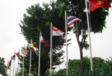 The flags of Association of Southeast Asia Nations (ASEAN) members in ASEAN headquarter at Jalan Sisingamangaraja No.70A, South Jakarta, Indonesia. From left the flags of: Brunei, Cambodia, Indonesia, Laos, Malaysia, Myanmar, Philippines, Singapore, Thail