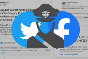 image of police officer over twitter and facebook logos with overlay of tweets and fb posts taken down or labelled by those companies