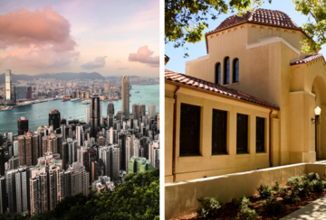 [Left] Hong Kong skyline; [Right] Encina Hall, Stanford