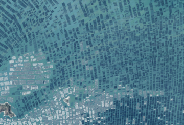 Aerial photo of aquaculture in Luoyuan Bay, China