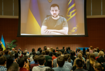 President Zelenskky addresses Stanford students and community members via a live video address in the CEMEX auditorium.