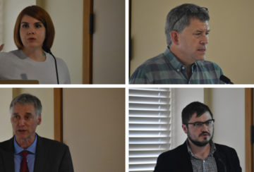 From top left, clockwise: Lauren Hansen Restrepo, James Millward, Darren Byler and Gardner Bovingdon speaking at a panel at APARC.