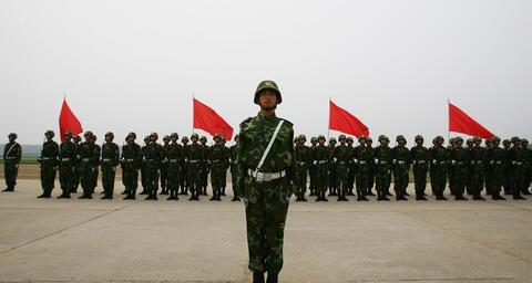Chinese soldiers from the People's Liberation Army (PLA) 196th Infantry Brigade perform drill at their barracks in Yangcun, 100 km east of Beijing, China