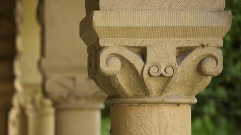 Architectural details of the sandstone arcades in the Main Quadrangle of Stanford University.