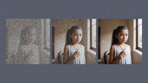 three synthetically generated images of the same child, each less blurry than the previous, on a blue background showing the image code.