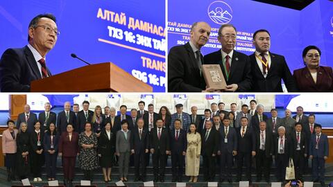 Collage of three photos: Gi-Wook Shin delivering welcome remarks at the TASD2024; Ban Ki-moon and conference organizers posing with a book; and a group photo of conference speakers on stage. 