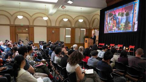 Audience members listen to Chris Buckley at the 2024 Shorenstein Journalism Award.