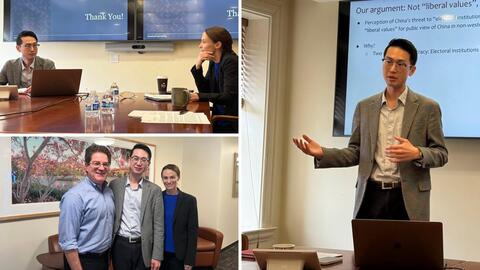 Collage of three photos from SNAPL's February 7, 2025 workshop: Gidong Kim speaking at a lectern; Gidong Kim and Sheena Chestnut Greitens in discussion; Kenneth Schultz, Kim, and Greitens posing to the camera.