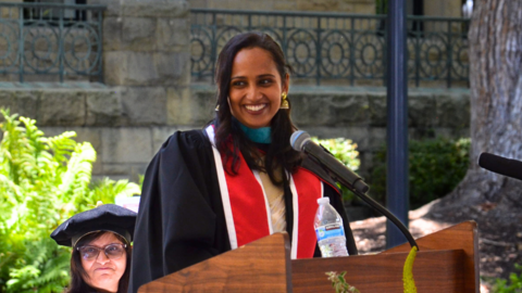 Sakeena Razick delivers the student remarks at the graduation ceremony for the Class of 2025 from the Ford Dorsey Master's in International Policy