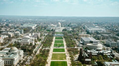 An aerial view of the Capitol Building and the National Mall in Washington, D.C.