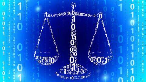 Scales of justice and binary code