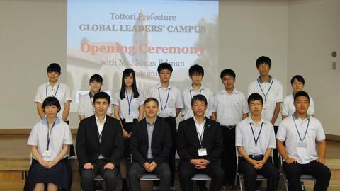 posed group shot of high school students and educators in Tottori, Japan