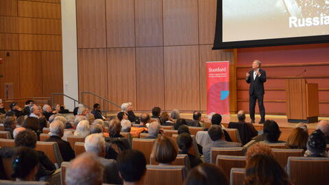 Professor Michael McFaul talks about his new book on stage before a large audience