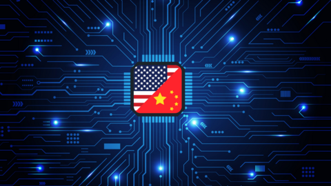 A depiction of a computer chip overlaid with half of the flag of the United States and half of the flag of the People's Republic of China.
