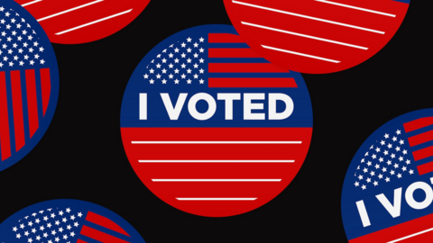 A decpiction of a "I Voted" badge with a stylized Amerian flag