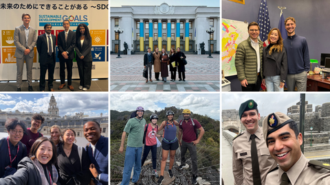 A collage of six photos showing students from the 2026 Class of the Ford Dorsey Master's in International Policy doing fieldwork around the world for their capstone projects.