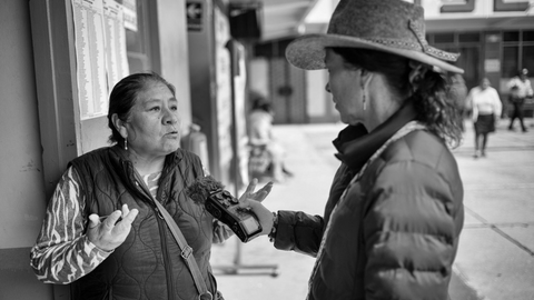 Beatriz Magaloni interviews a voter on April 12, election day, at a polling station in the province of Anta, Cusco. Several interviews were conducted that same day inside and outside polling stations in this southern Andean region.