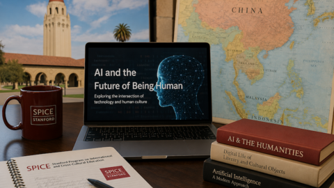 office desk with a laptop, notepad, and books about artificial intelligence