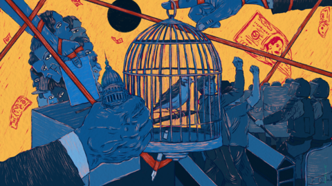 Illustration depicting democratic backsliding: a caged bird symbolizing free expression is surrounded by protestors, riot police, money, political figures, and the U.S. Capitol, while large hands manipulate the scene from above.