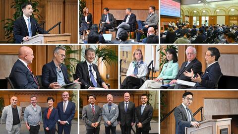 A collage of 8 photos of speakers and panels from the Stanford Japan Conferece, “Frontiers of Defense Tech in the Shifting U.S. Alliances with Japan and Beyond: AI, Cyber, and Space."