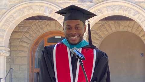 Tyler Smith ('26) addressing the graduating class of 2026 of the Ford Dorsey Master's in International Studies (June 14, 2026).