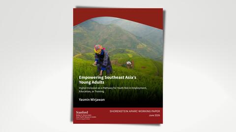 A farmer holds a smartphone while working in a rice field in Vietnam. Cover of APARC working paper titled "Empowering Southeast Asia's Young Adults: Digital Inclusion as a Pathway for Youth Not in Employment, Education, or Training."