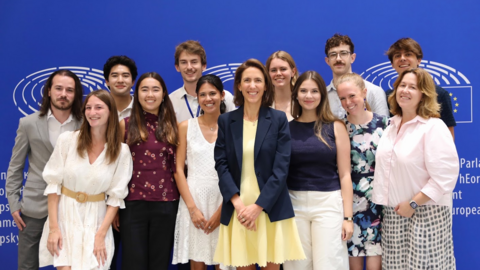 Group photo of Renew Europe internship cohort with Renew Europe President and French MEP Valerie Hayer