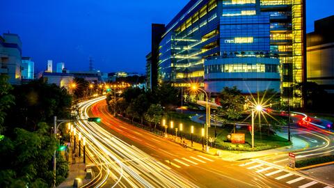 Building of Taiwan Semiconductor Manufacturing Fab 12B in Hinschu, Taiwan, at night.