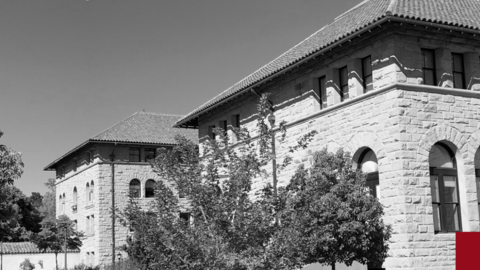 Encina Hall courtyard with Hoover Tower in the background