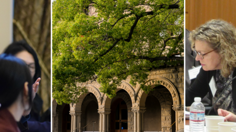 Collage of three images: Koret Fellow Andray Abrahamian standing at a podium (left); Encina Hall colonnade (middle); Kathleen Stephens and Michelle Hsieh during a Koret conference (right).  