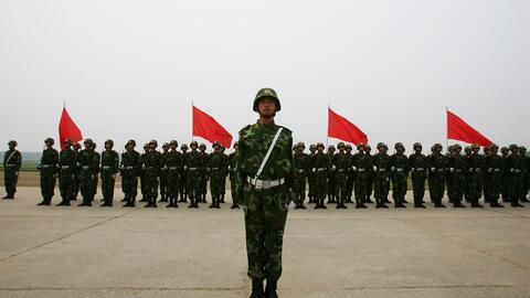 Chinese soldiers from the People's Liberation Army (PLA) 196th Infantry Brigade perform drill at their barracks in Yangcun, 100 km east of Beijing, China