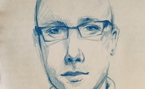 Drawing of David Thiel of the Internet Observatory at Stanford