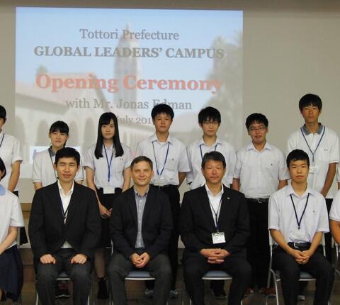 posed group shot of high school students and educators in Tottori, Japan