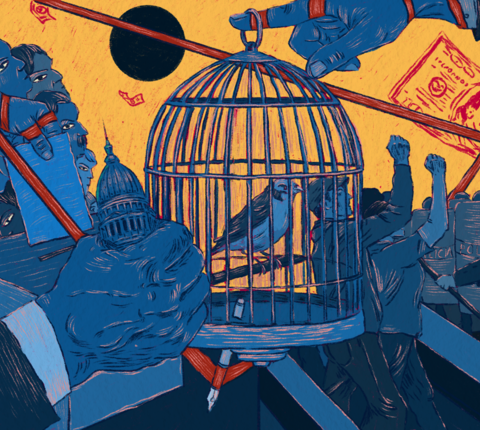 Illustration depicting democratic backsliding: a caged bird symbolizing free expression is surrounded by protestors, riot police, money, political figures, and the U.S. Capitol, while large hands manipulate the scene from above.