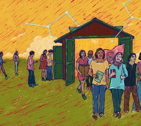 Illustration of civic engagement and democratic participation: a diverse group of people emerges from a community gathering space carrying books, signs, and ideas, while others connect across an open landscape beneath a sky marked by constellation-like networks.