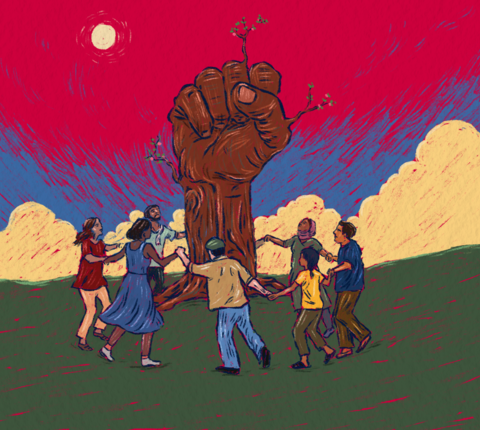 Illustration symbolizing democratic renewal: a diverse group joins hands around a towering tree shaped like a raised fist, with new branches and leaves emerging from the wood, representing collective action, resilience, and hope for democratic renewal.
