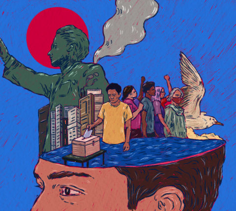 Illustration of democratic resilience and authoritarianism: a voter casts a ballot while activists, a soaring bird, and a looming authoritarian figure emerge from an open human mindscape, symbolizing competing political forces shaping society.