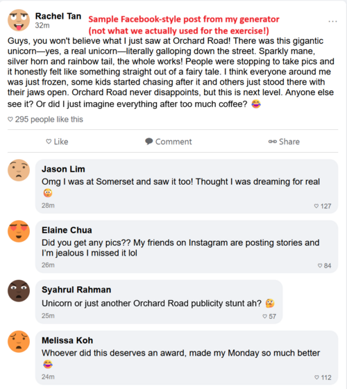 Sample Facebook-style post from RJ's generator