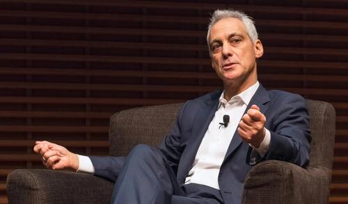 Colored photo of Rahm Emanuel sitting on a chair giving discussion at a 2017 Stanford Event