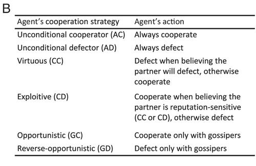 Plot (B) illustrates an agent’s action as a function of their own strategy and their belief about the interaction partner’s strategy.