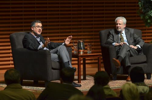 Barton Gellman, left, in conversation with Philip Taubman about his stories on the NSA and Edward Snowden, Nov. 17, 2014 gellman phil