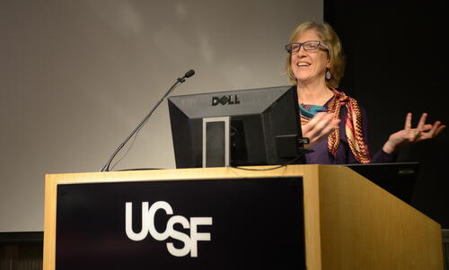 Rachel Nugent, vice president for global non-communicable diseases (NDCs) at the research institute RTI International, addresses the Fourth Annual Global Health Economics Colloquium on Feb. 10, 2017. Photo courtesy UCSF rachel nugent