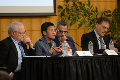 2019 Shoresntein Journalism panelists, from left to right: Donald K. Emmerson, Maria Ressa, Raju Narisetti, Larry Diamond.