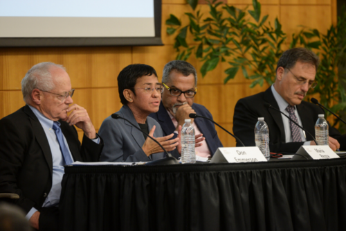 2019 Shoresntein Journalism panelists, from left to right: Donald K. Emmerson, Maria Ressa, Raju Narisetti, Larry Diamond. 