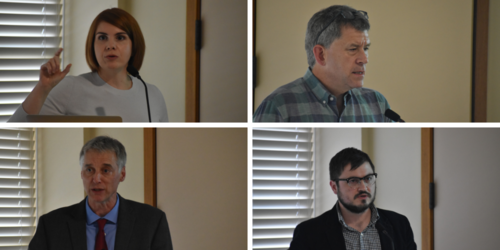 From top left, clockwise: Lauren Hansen Restrepo, James Millward, Darren Byler and Gardner Bovingdon speaking at a panel at APARC.