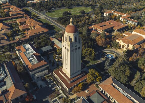 aerial view of university campus with a tower in the middle