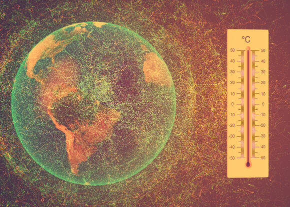 Illustration of a warming globe next to thermometer