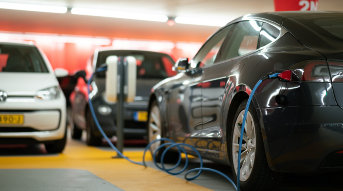 Electric cars charge in a parking structure